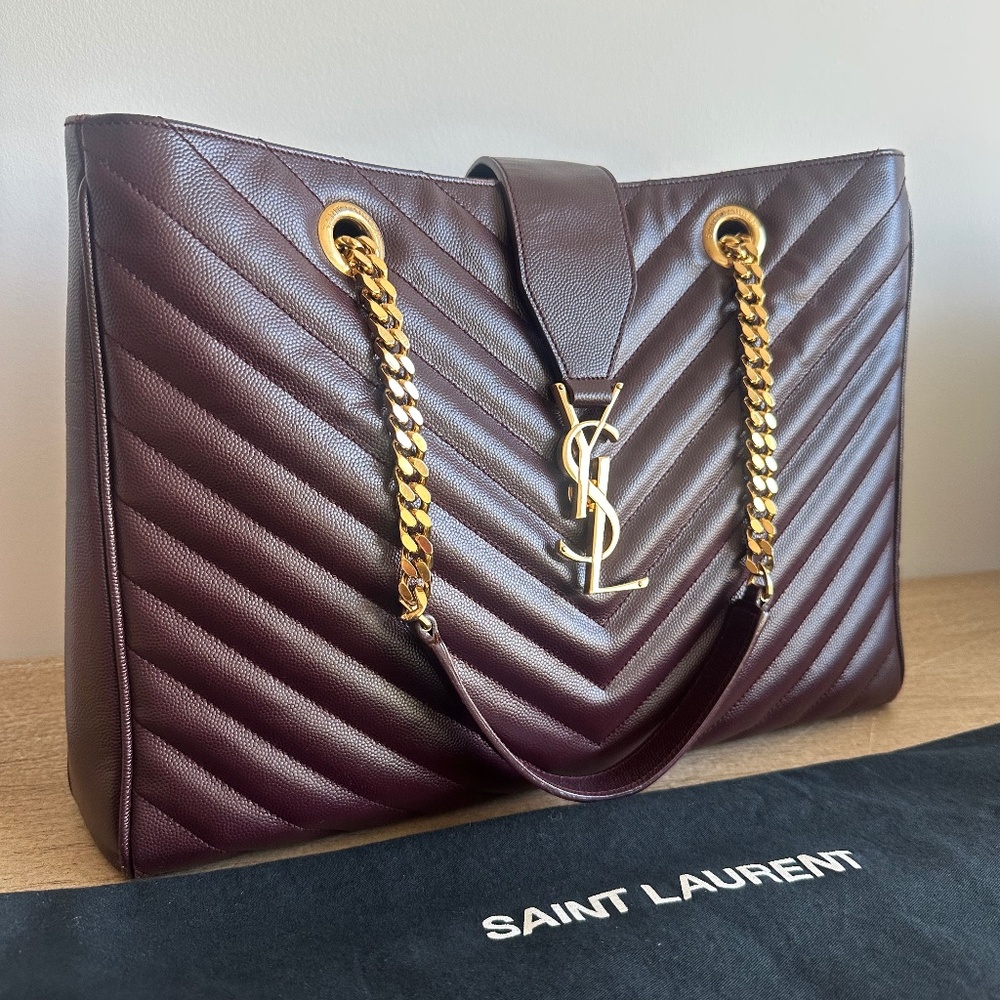 YSL Grain De Poudre Matelasse Chevron Large Monogram Shopping Bag Amarena